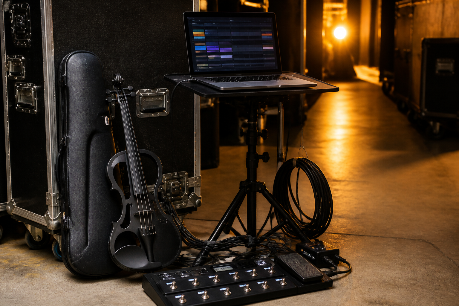 Backstage electric violin touring setup с laptop stand violin case pedalboard и подредени playback кабели преди сценичен call