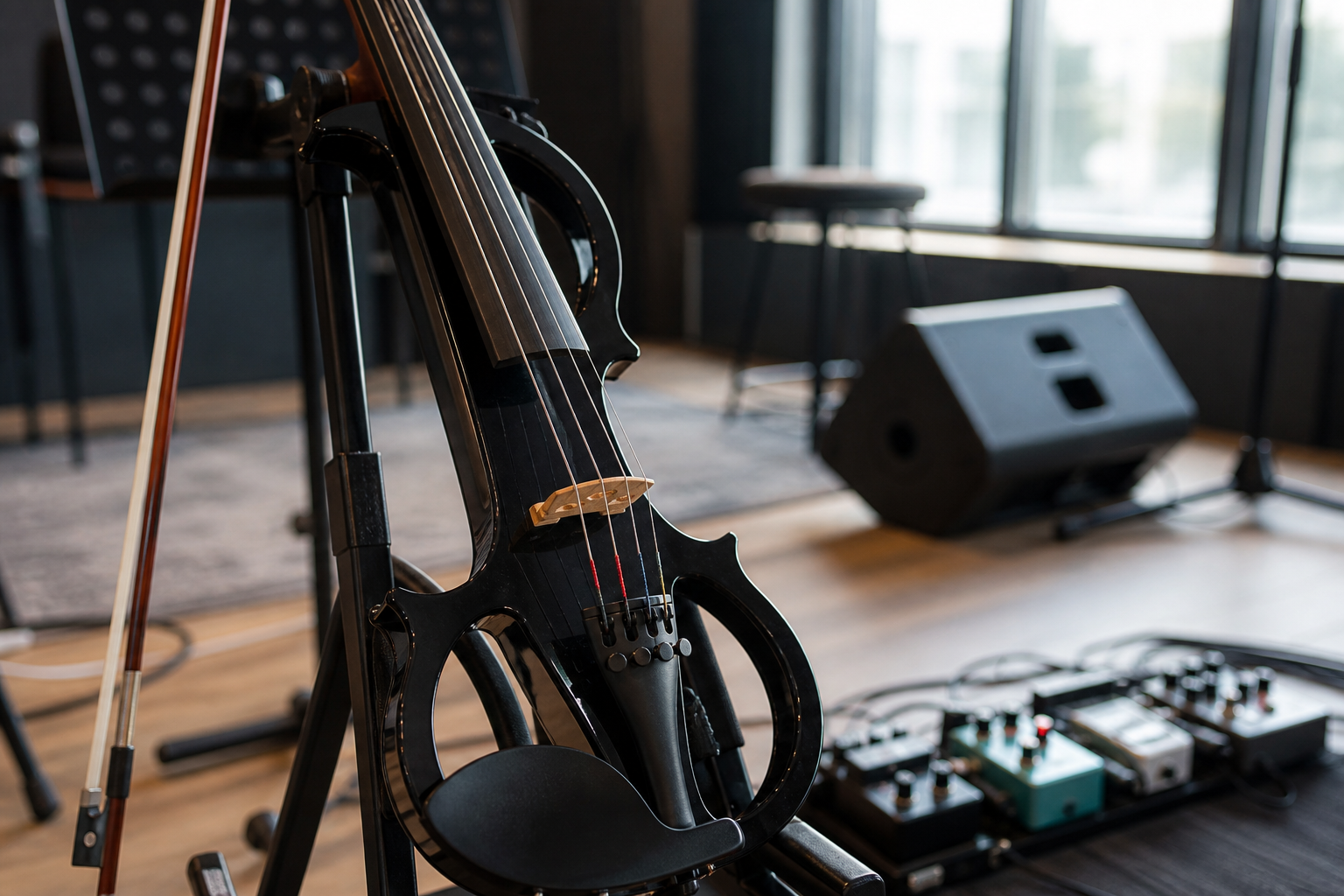 Черна electric violin цигулка на стойка в модерна rehearsal стая до pedalboard и сценичен монитор