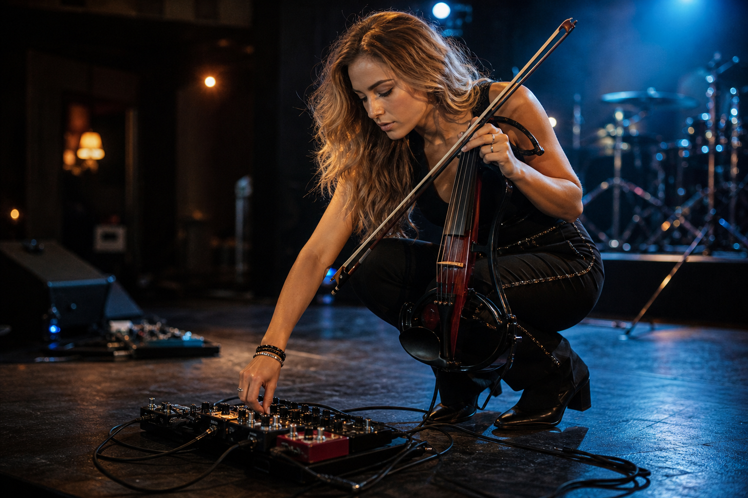 Изпълнителка на електрическа цигулка е приклекнала на сцена по време на soundcheck и настройва pedalboard с loop педал