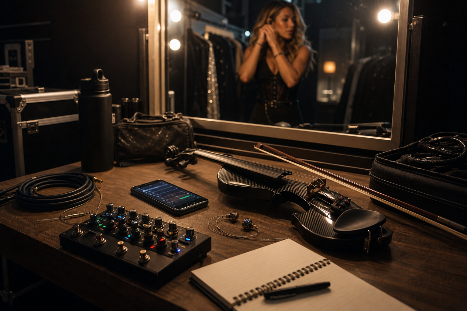 Backstage dressing room маса с електрическа цигулка, loop педал, телефон, тефтер и in-ear монитори преди излизане на сцена