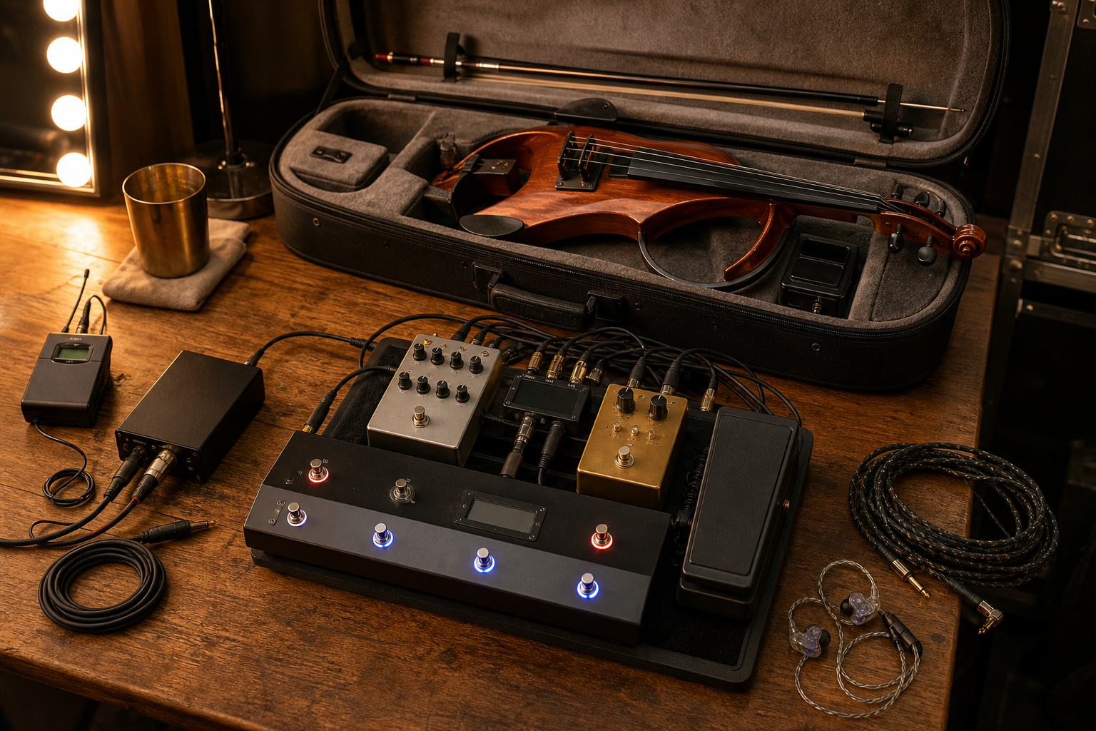 Backstage electric violin калъф до подреден pedalboard с loop switcher, DI кутия, кабели, wireless pack и in-ear monitors