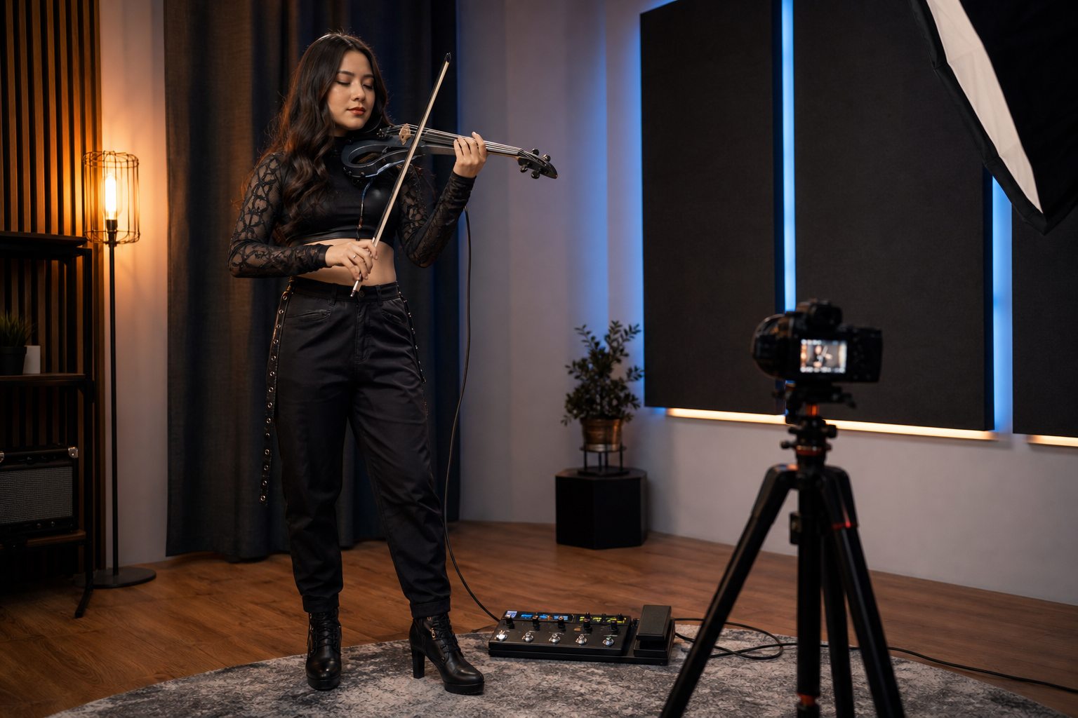 Electric violin content creator снима студийно изпълнение с камера на статив и loop switcher pedalboard на пода