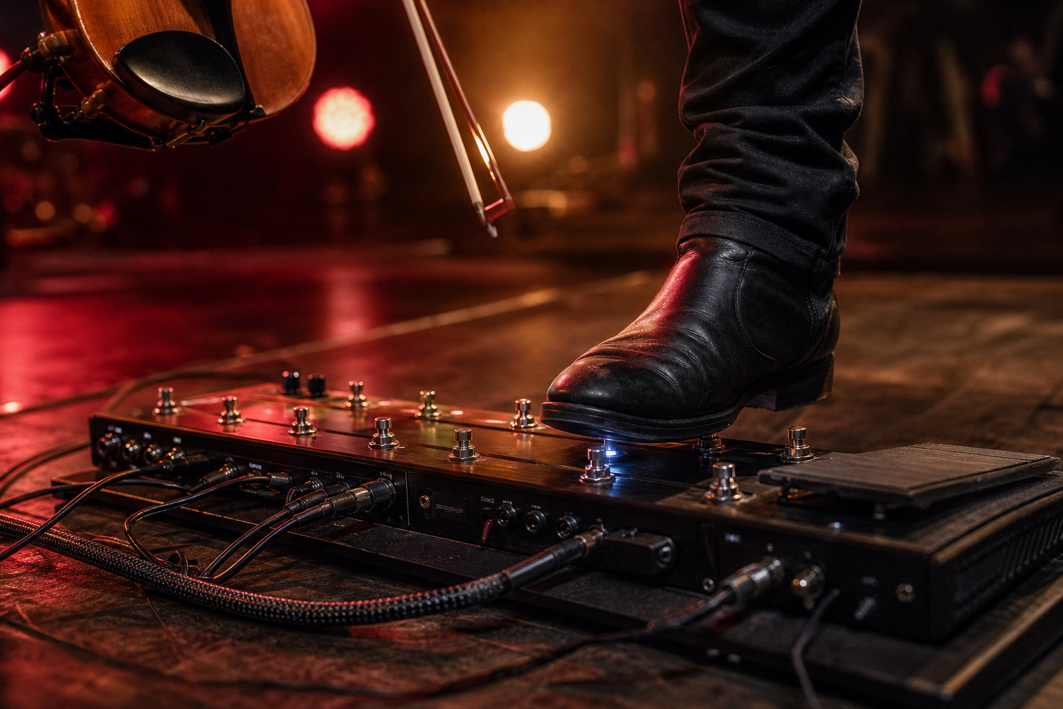 Close-up на ботуш, който натиска preset footswitch на loop switcher по време на electric violin шоу