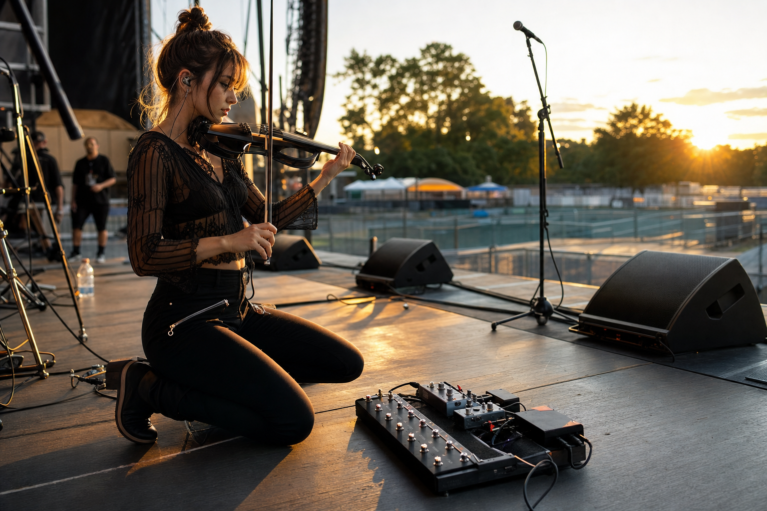 Electric violin изпълнителка коленичила на outdoor фестивална сцена по време на soundcheck с loop switcher pedalboard пред нея