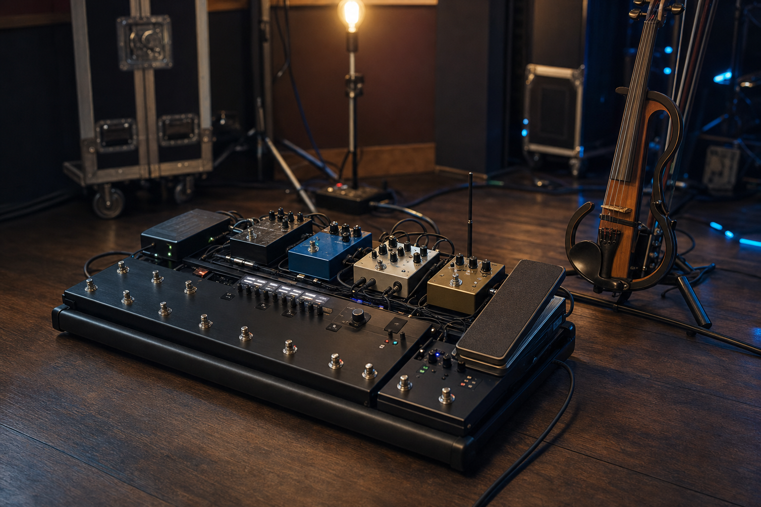 Голям premium electric violin pedalboard с advanced loop switcher, expression pedal и подреден touring layout до electric violin на стойка