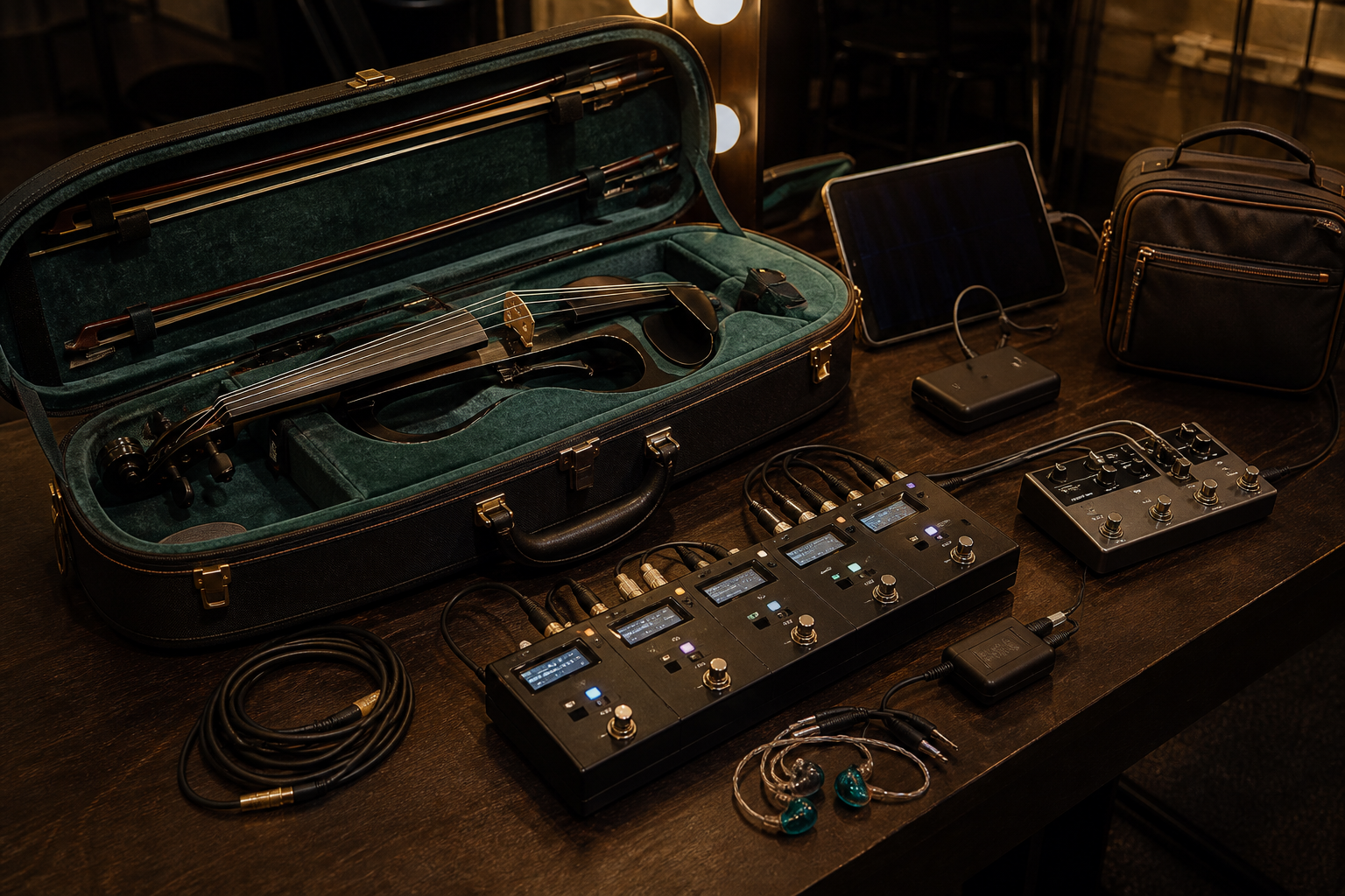Open electric violin case beside a MIDI foot controller, tablet, in-ear monitors, and neatly coiled stage cables backstage
