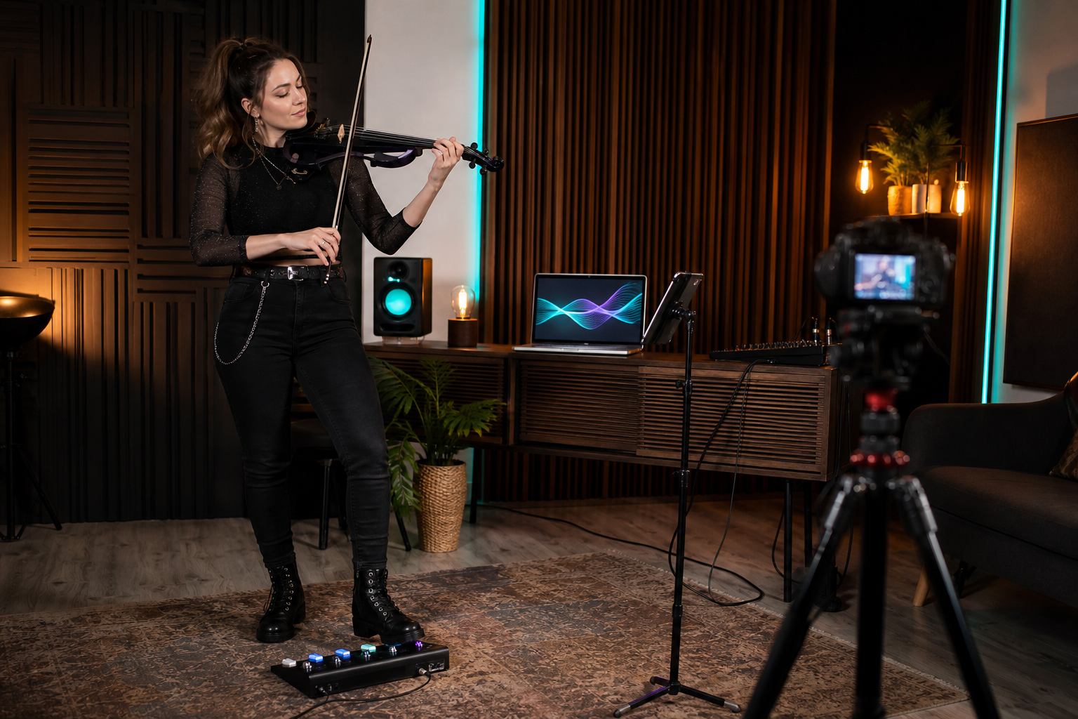 Electric violin content creator filming a studio performance with a laptop backing track setup and compact MIDI controller on the floor
