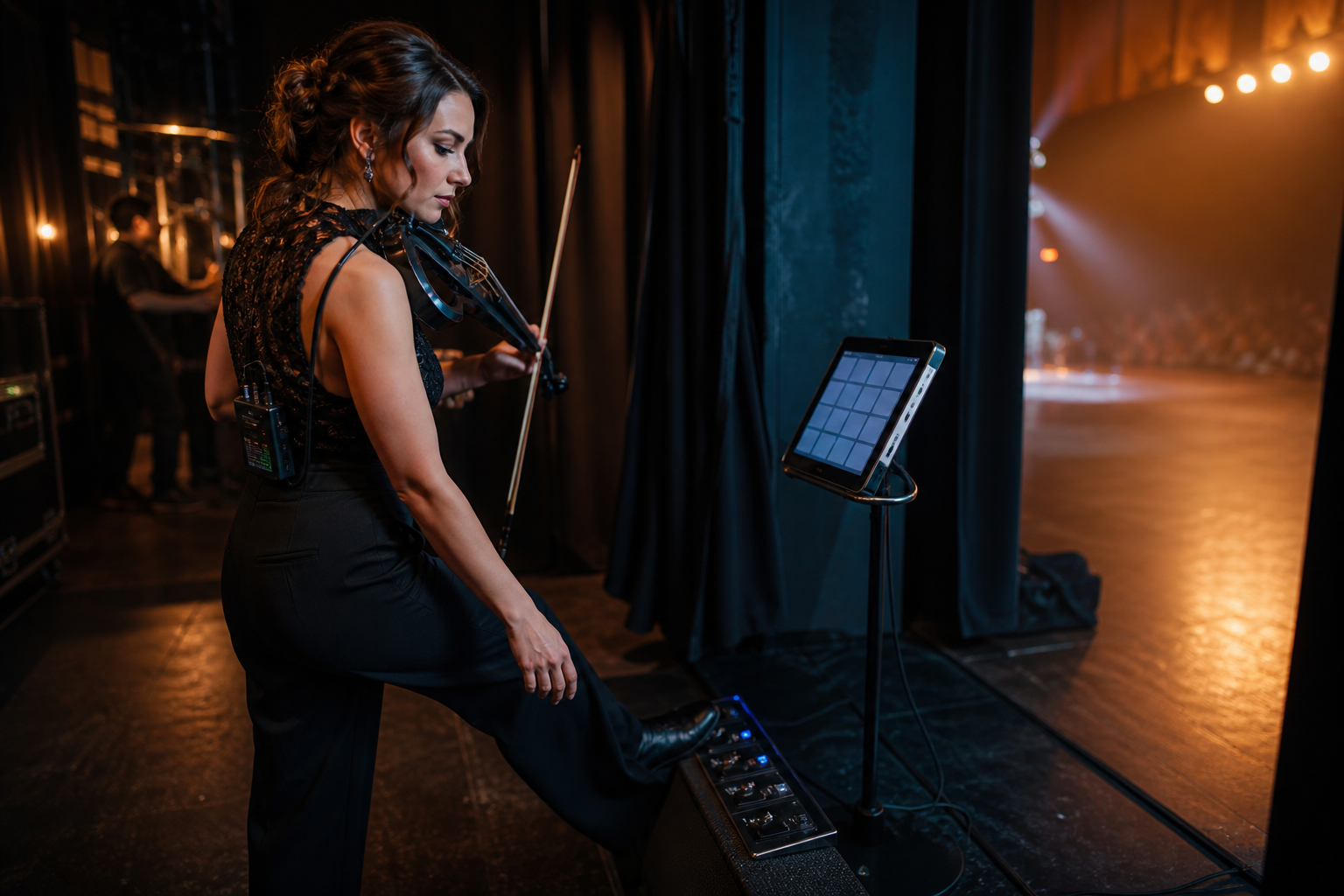 Electric violinist side stage triggering a compact MIDI controller next to a tablet before walking into a theater performance