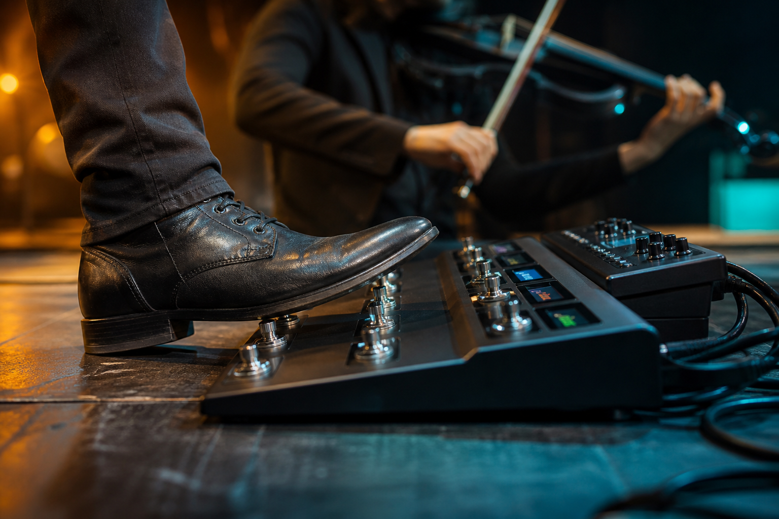 Close-up of a dress shoe pressing a preset on a premium MIDI foot controller while an electric violin performance continues above