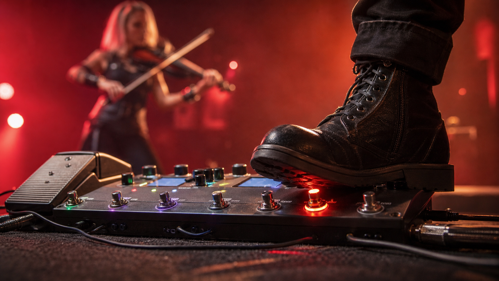 Близък кадър на ботуш върху footswitch на мултиефект, докато electric violin изпълнител свири под червени сценични светлини