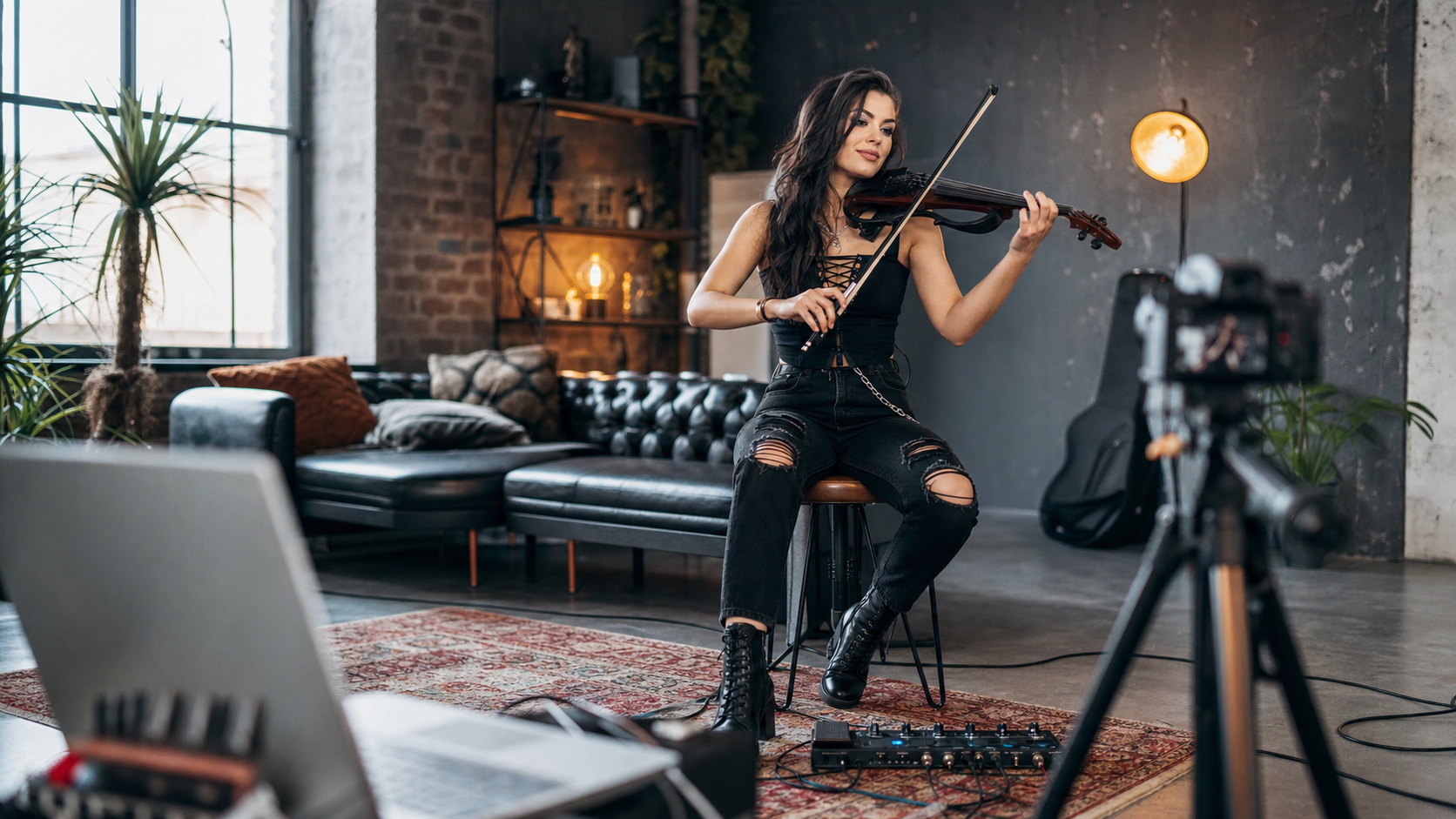 Electric violin content creator записва performance клип в loft studio с мултиефект на пода до камерата