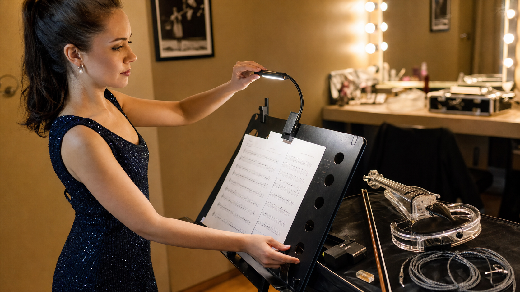 Electric violin изпълнителка закрепя rechargeable лампа към сгъваем нотен пулт в backstage гримьорна преди live шоу