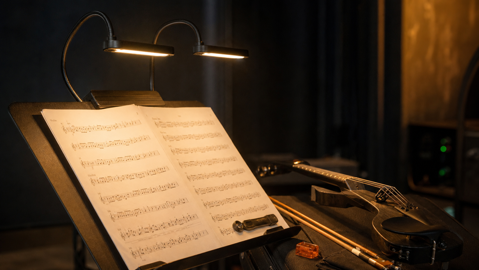 Топла dual-head лампа за пулт осветява печатни цигулкови партии с electric violin лък и аксесоари наблизо