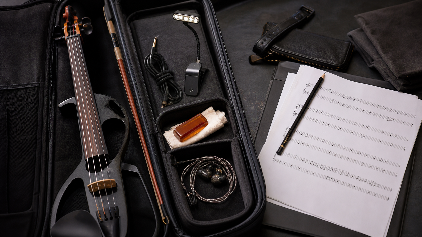Electric violin travel kit е подреден с компактна rechargeable лампа за пулт, лък, кабел, колофон и in-ear монитори до печатни партитури
