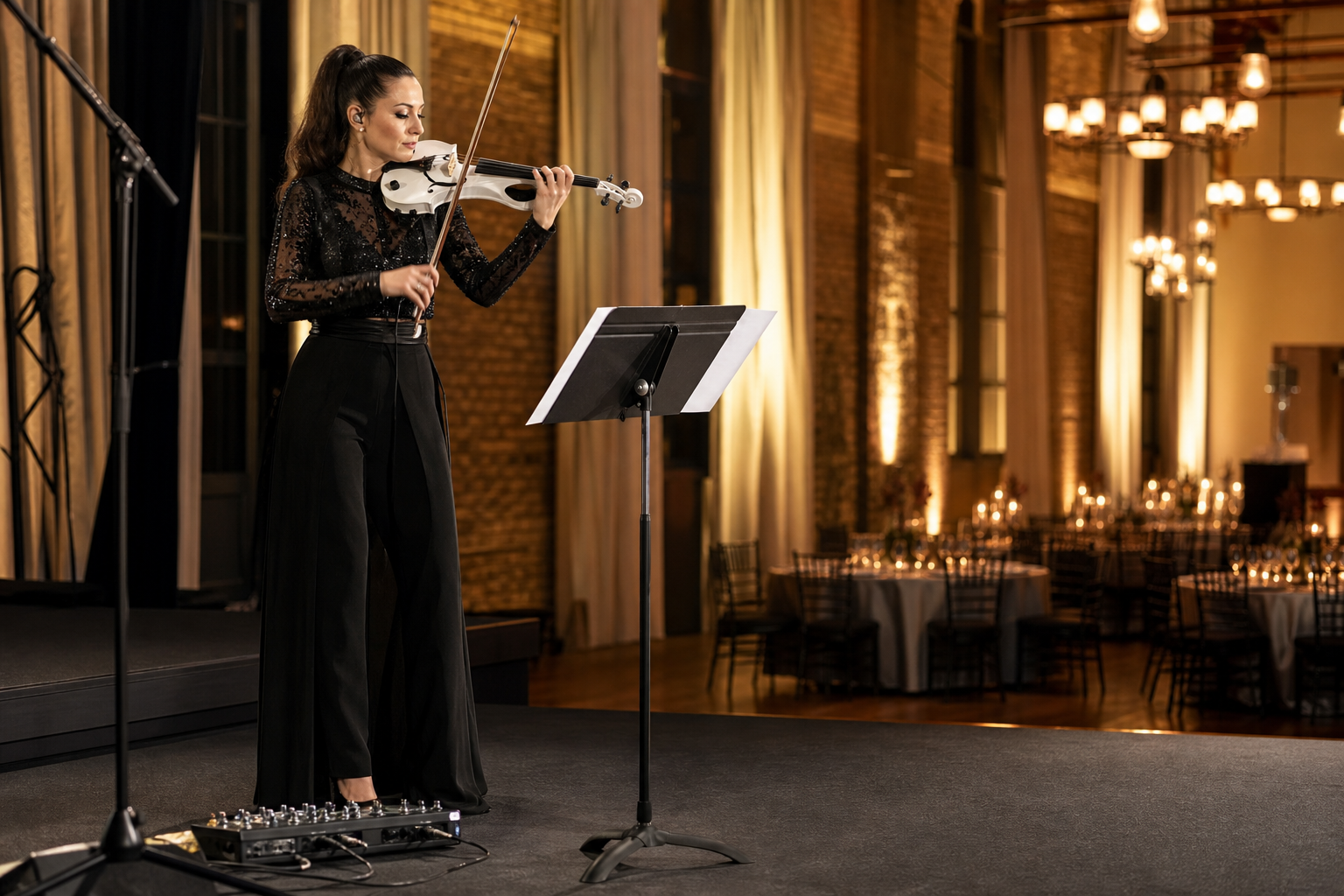 Най-добрите стойки за ноти за electric violin изпълнители на сватби, в theater pit и на outdoor сетове — Tanya Strings blog article image