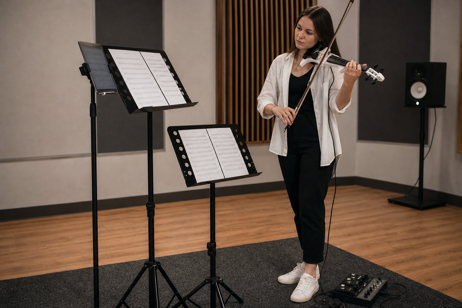 Electric violin изпълнител сравнява две височини на стойка за ноти в rehearsal room с печатни chart-и, tablet mount наблизо и компактен pedalboard