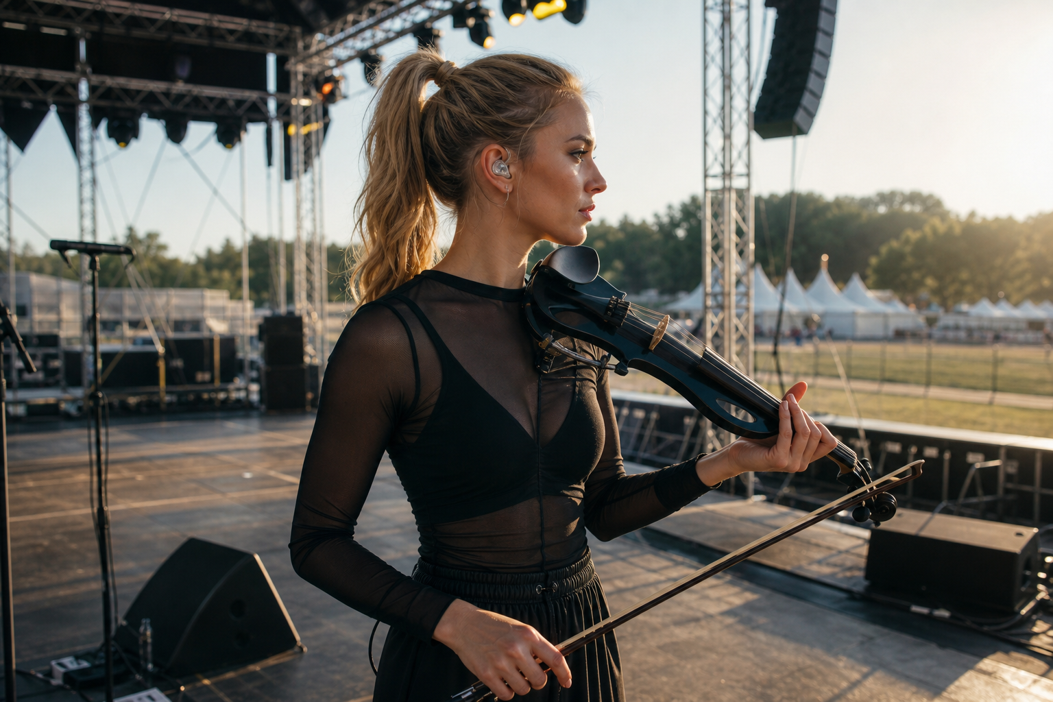 Electric violin изпълнителка носи прозрачни musician earplugs по време на outdoor festival soundcheck