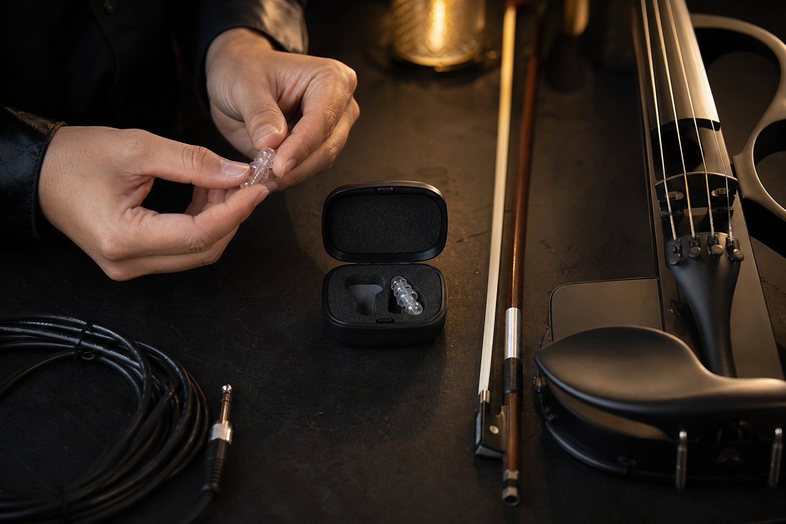 Пътуваща electric violin изпълнителка прибира reusable musician earplugs до отворен куфар на летище