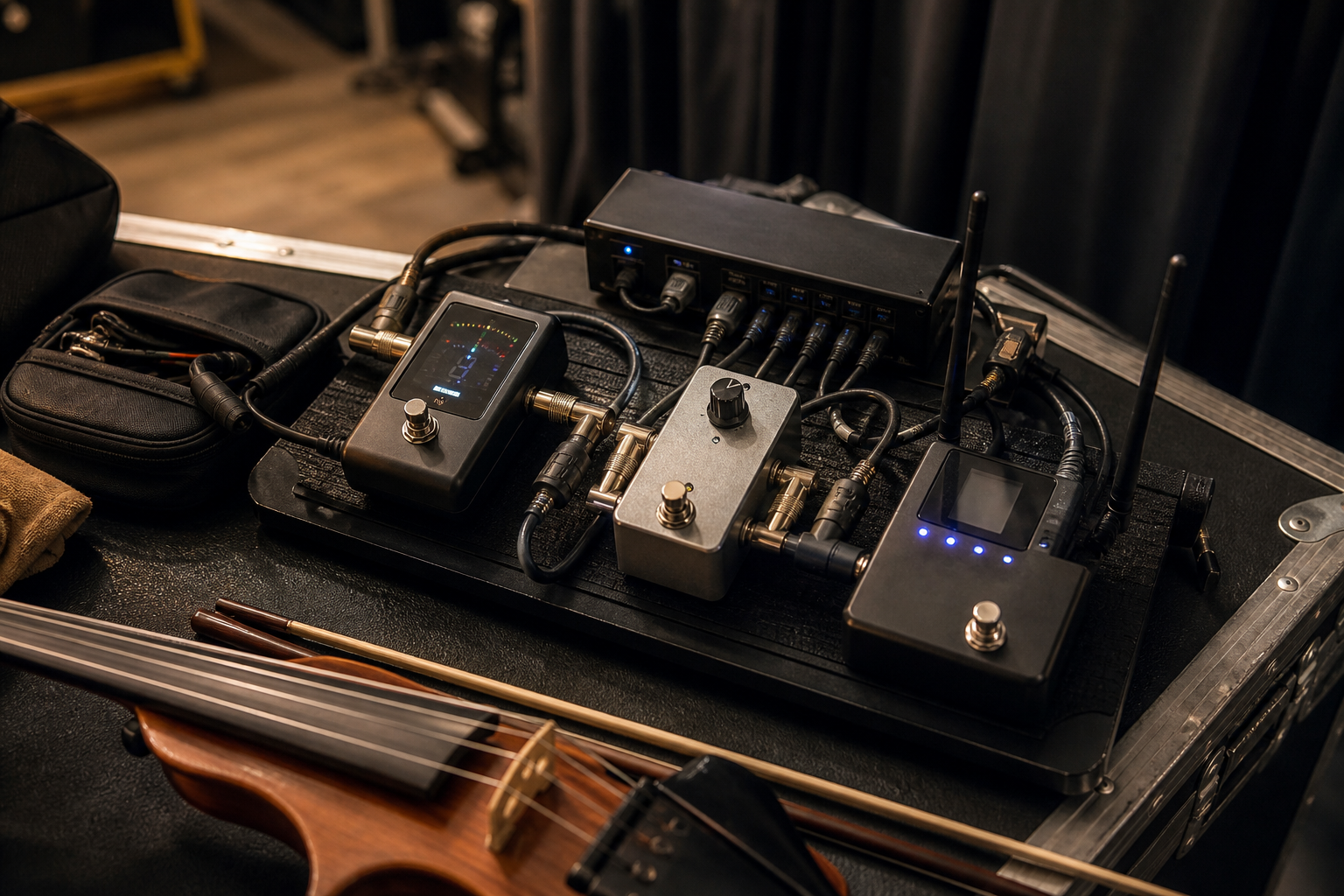 Backstage electric violin pedalboard с компактен noise gate педал, wireless receiver, tuner и подредени loop кабели