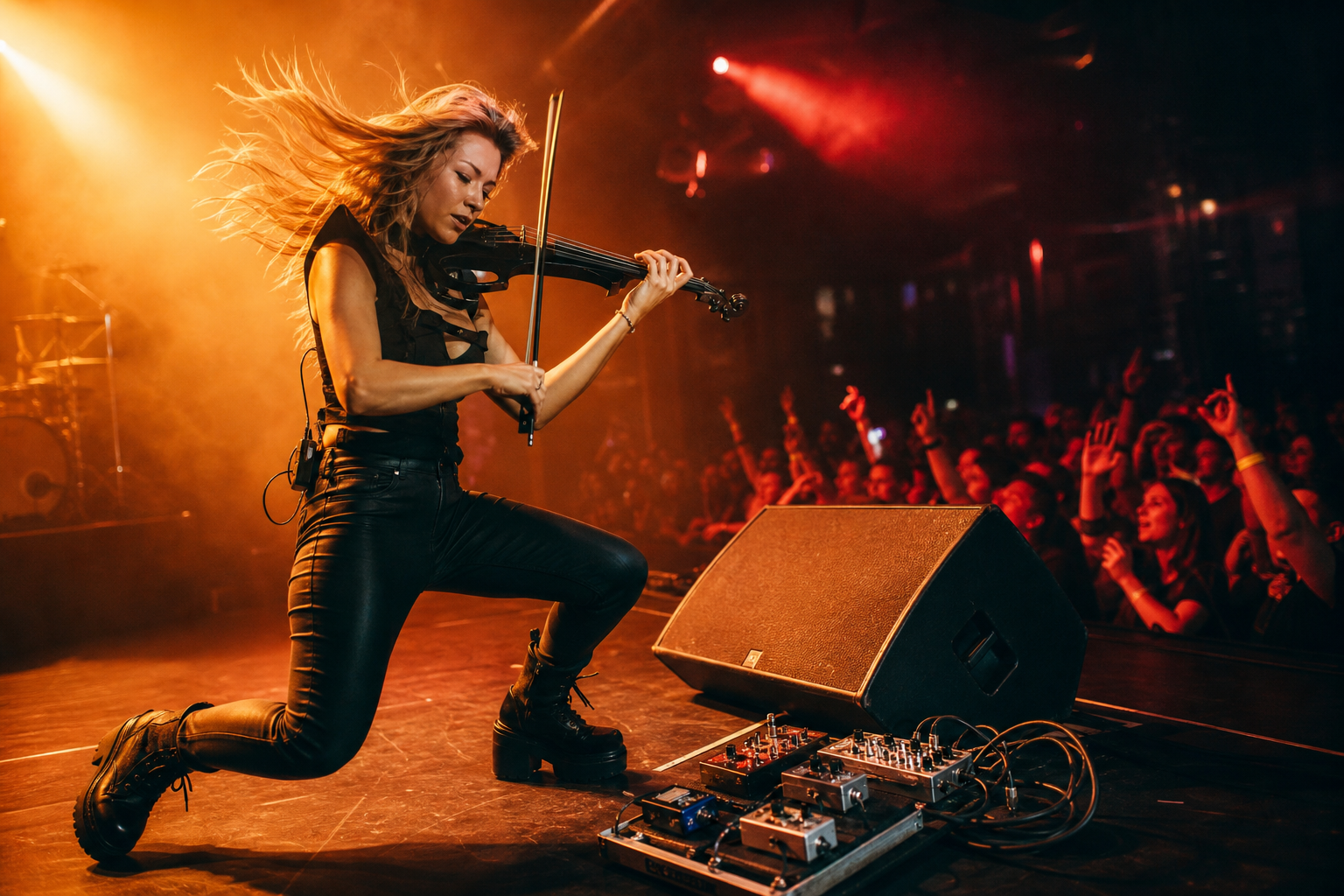 Electric violin артист на шумна клубна сцена с wedge monitor, компактен pedalboard и видим noise gate педал до предния ръб