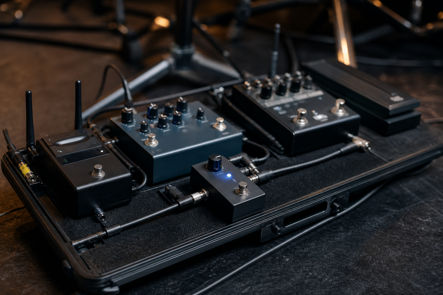 Close-up на компактен electric violin pedalboard с noise gate педал, wireless receiver, expression pedal и чисто routed send-return кабели