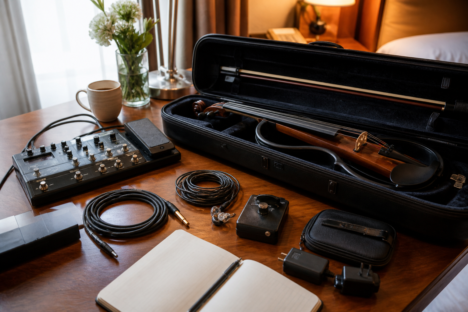Отворен electric violin куфар върху хотелско бюро с компактен pedalboard, noise gate педал, кабели, in-ear монитори и travel аксесоари