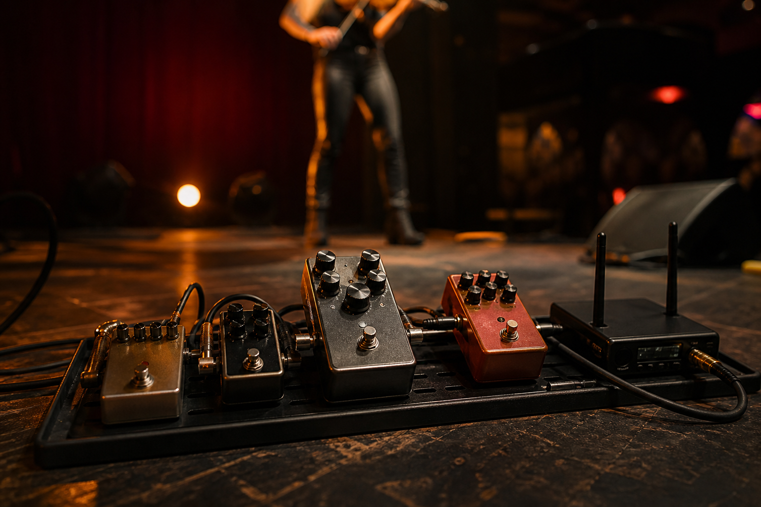 Close-up на компактен stage pedalboard с octave педал, wireless receiver и подредени instrument cables за electric violin сет