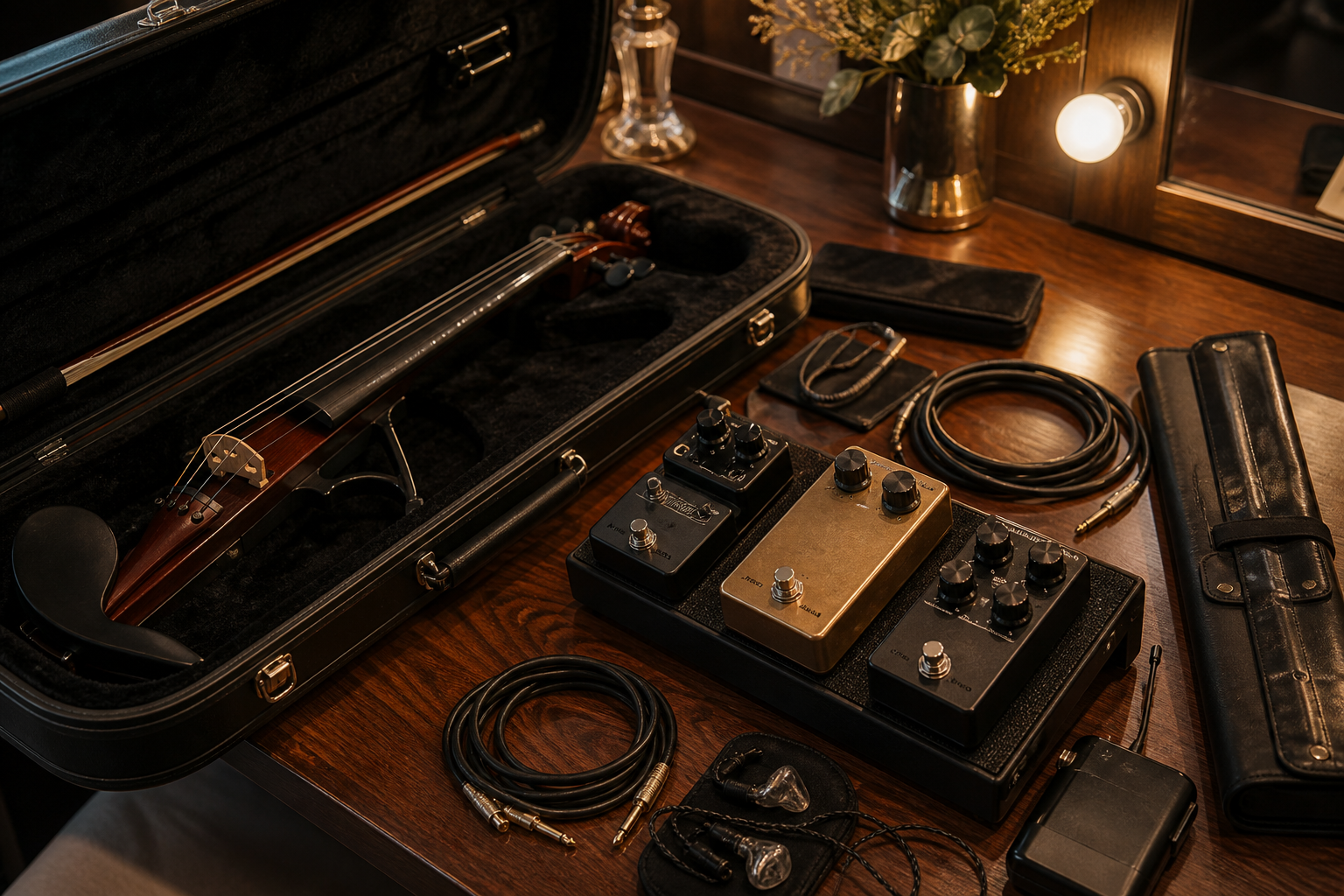 Отворен electric violin калъф до компактен pedalboard с octave педал, резервни кабели и in-ear monitors подредени за участие