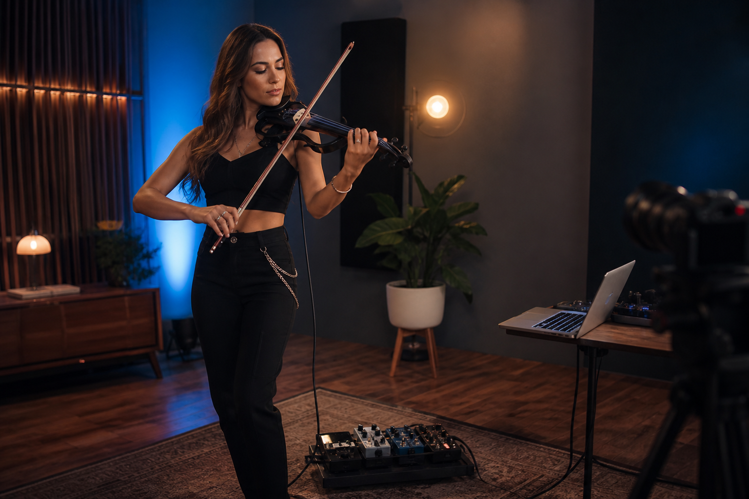 Electric violin content creator репетира в модерен студио сетъп с компактен octave и pitch pedalboard за performance video recording