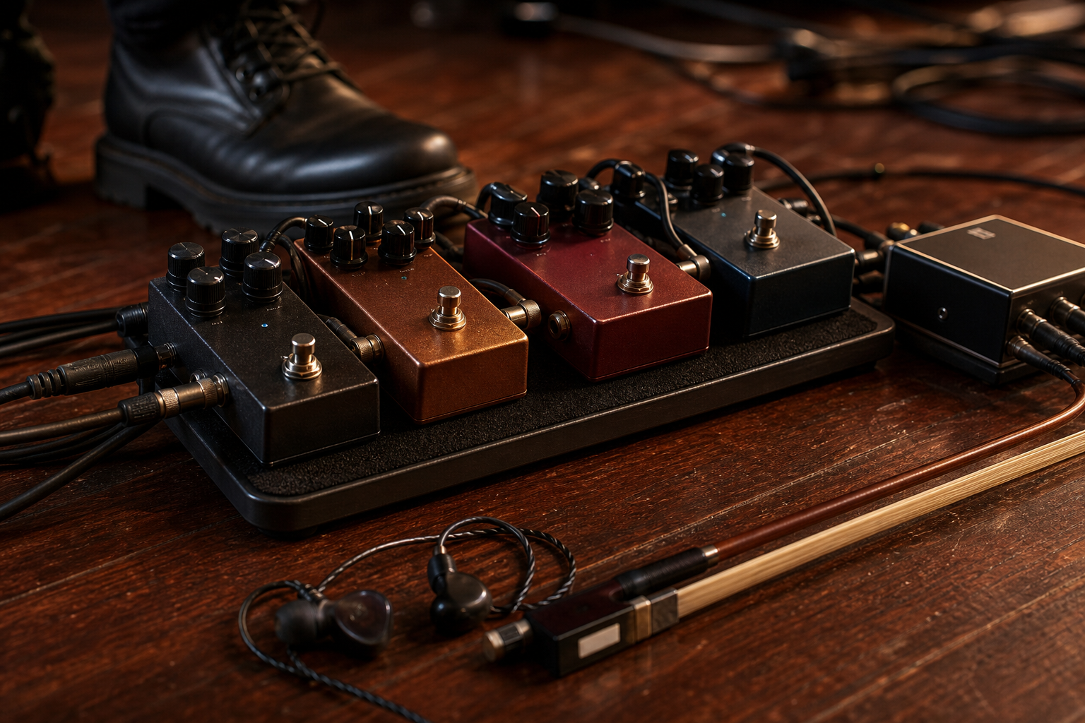 Близък кадър на компактен electric violin pedalboard с няколко generic overdrive педали до лък и in-ear монитори