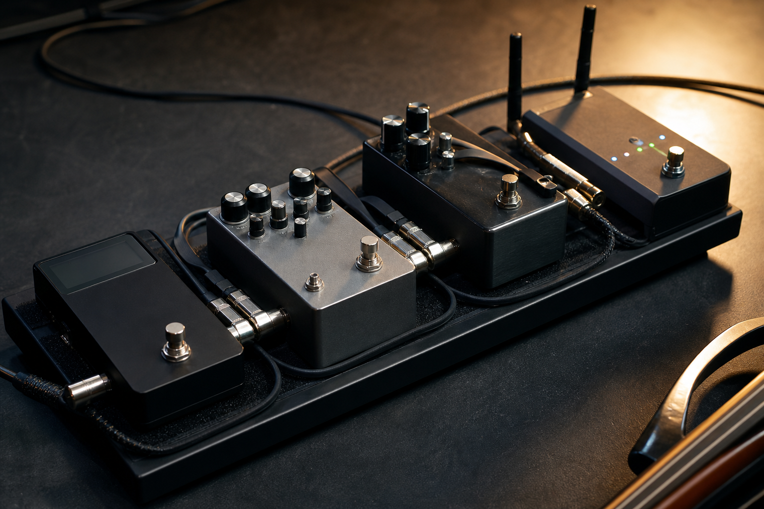 Close-up на компактен electric violin pedalboard с подредени flat patch cables между педалите и wireless receiver