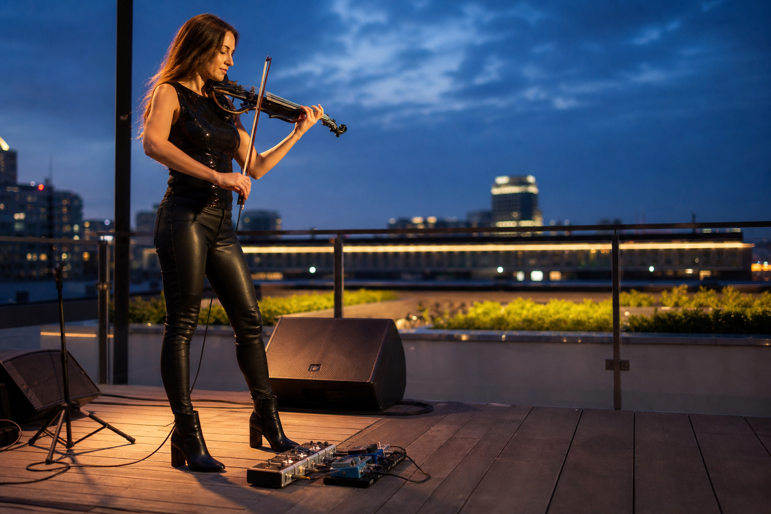 Electric violin изпълнител на rooftop сцена по здрач с тънък pedalboard и внимателно подредени patch cables до краката
