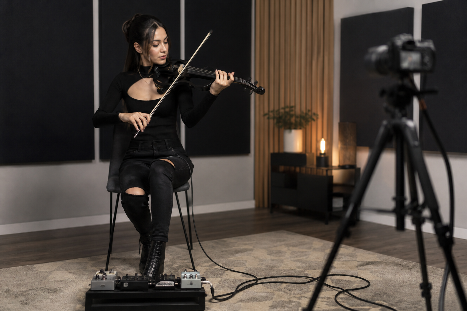 Electric violin content creator снима студийно performance reel с малък pedalboard и подредени patch cables на пода