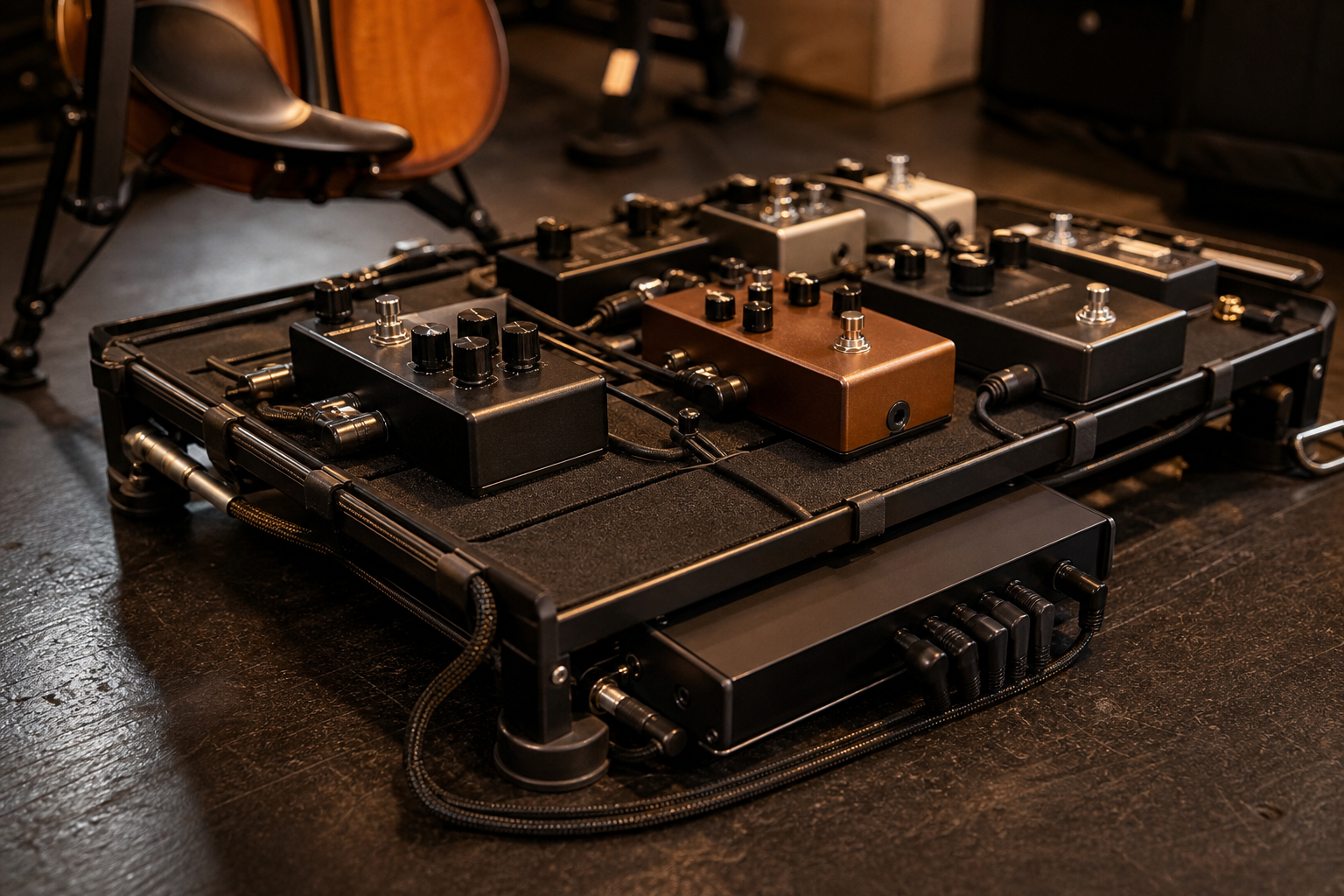 Близък кадър на electric violin pedalboard с подредени изолирани power кабели под компактен борд backstage
