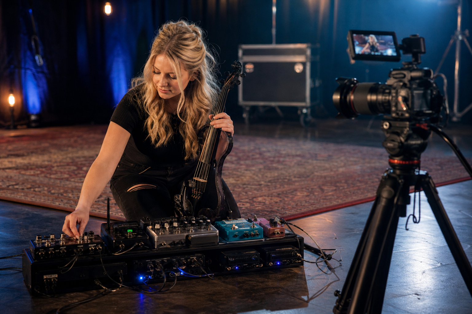 Electric violin content creator подрежда по-голям pedalboard с wireless, ambience педали и чисто захранване преди performance снимки