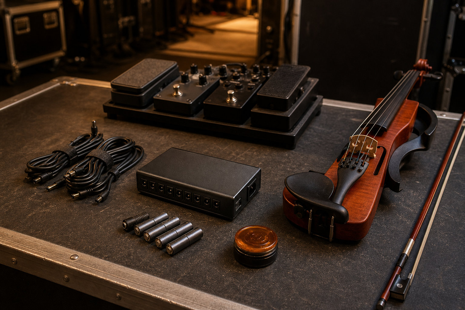 Backstage маса с electric violin аксесоари, изолирано захранване, подредени DC кабели, батерии и компактен pedalboard готов за участие