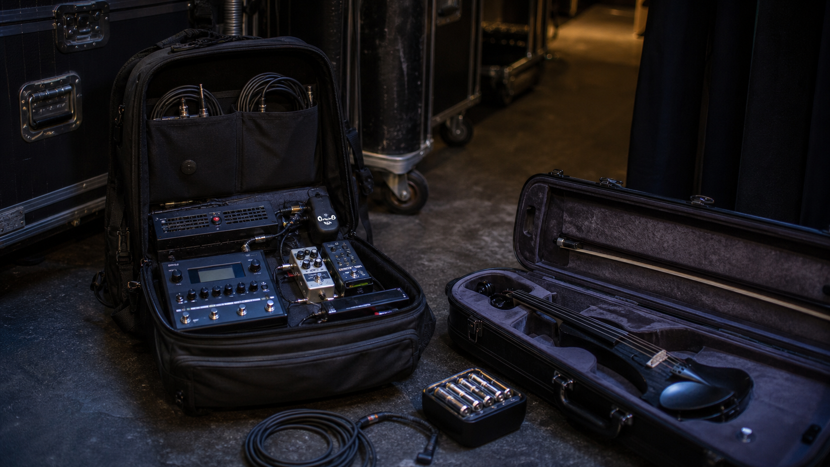 Travel-ready electric violin rig до отворен калъф и компактен pedalboard bag зад кулисите