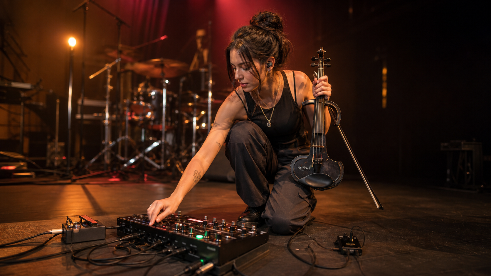 Electric violin изпълнителка коленичи на сцена и настройва по-голям педалборд преди шоуто