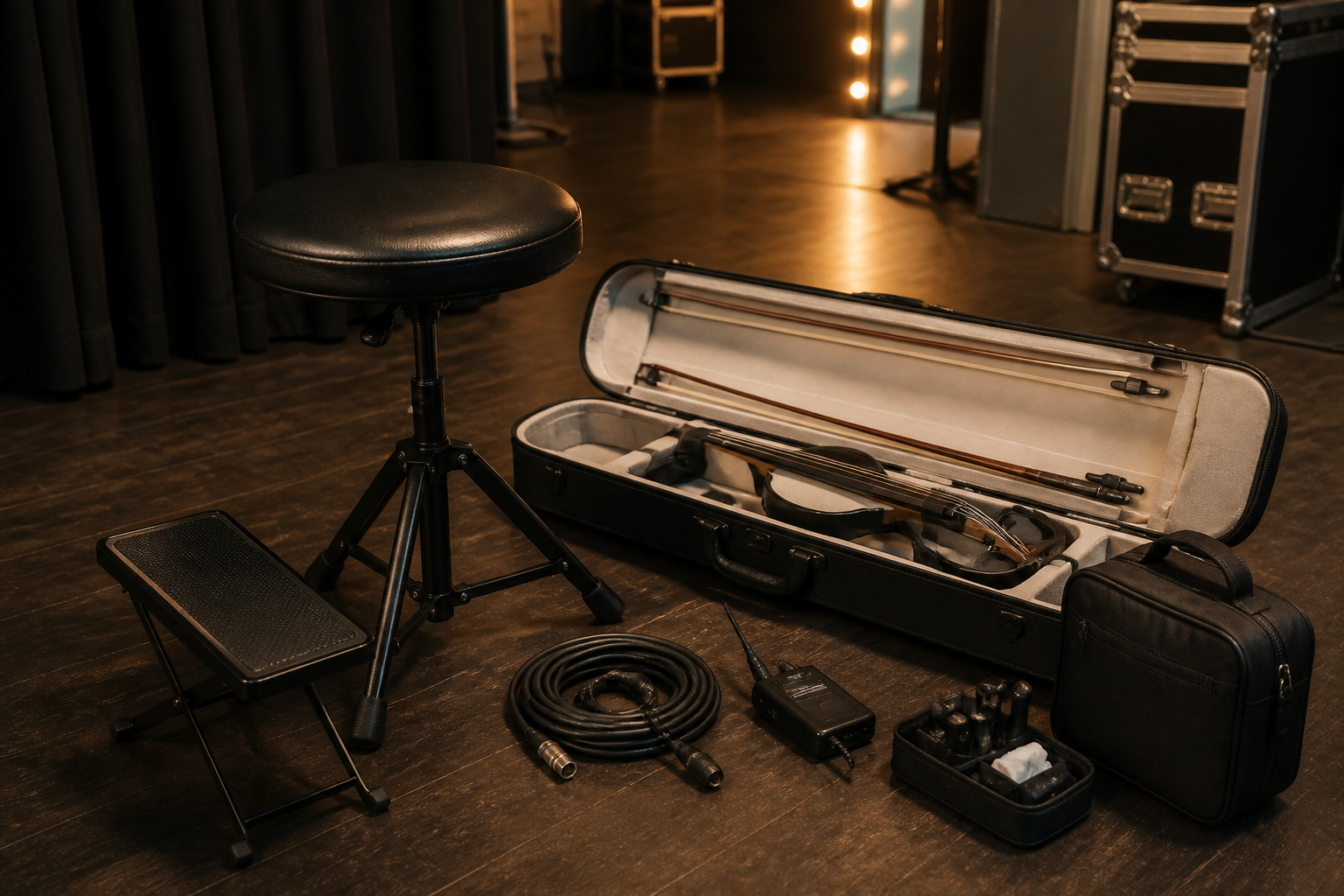 Backstage electric violin setup с подплатен сценичен стол, калъф за цигулка, wireless pack, опора за крака и подредени кабели за дълго шоу