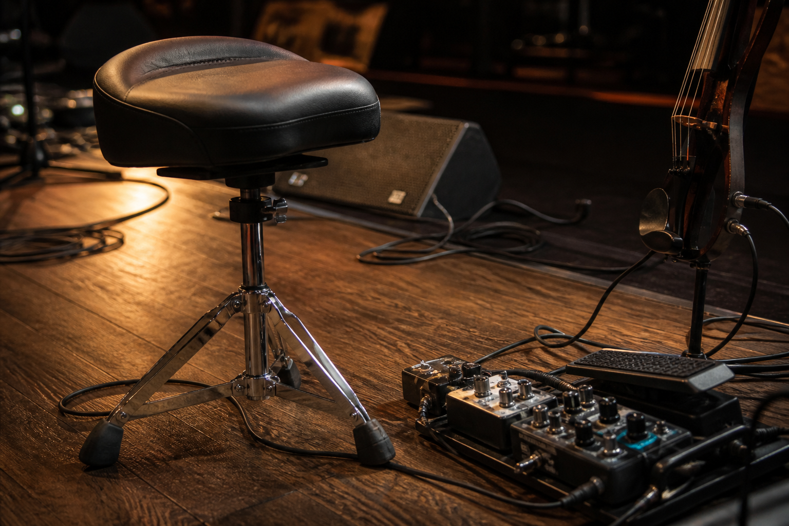 Close-up на черен saddle-style drum throne до electric violin pedalboard и сценични кабели по време на soundcheck