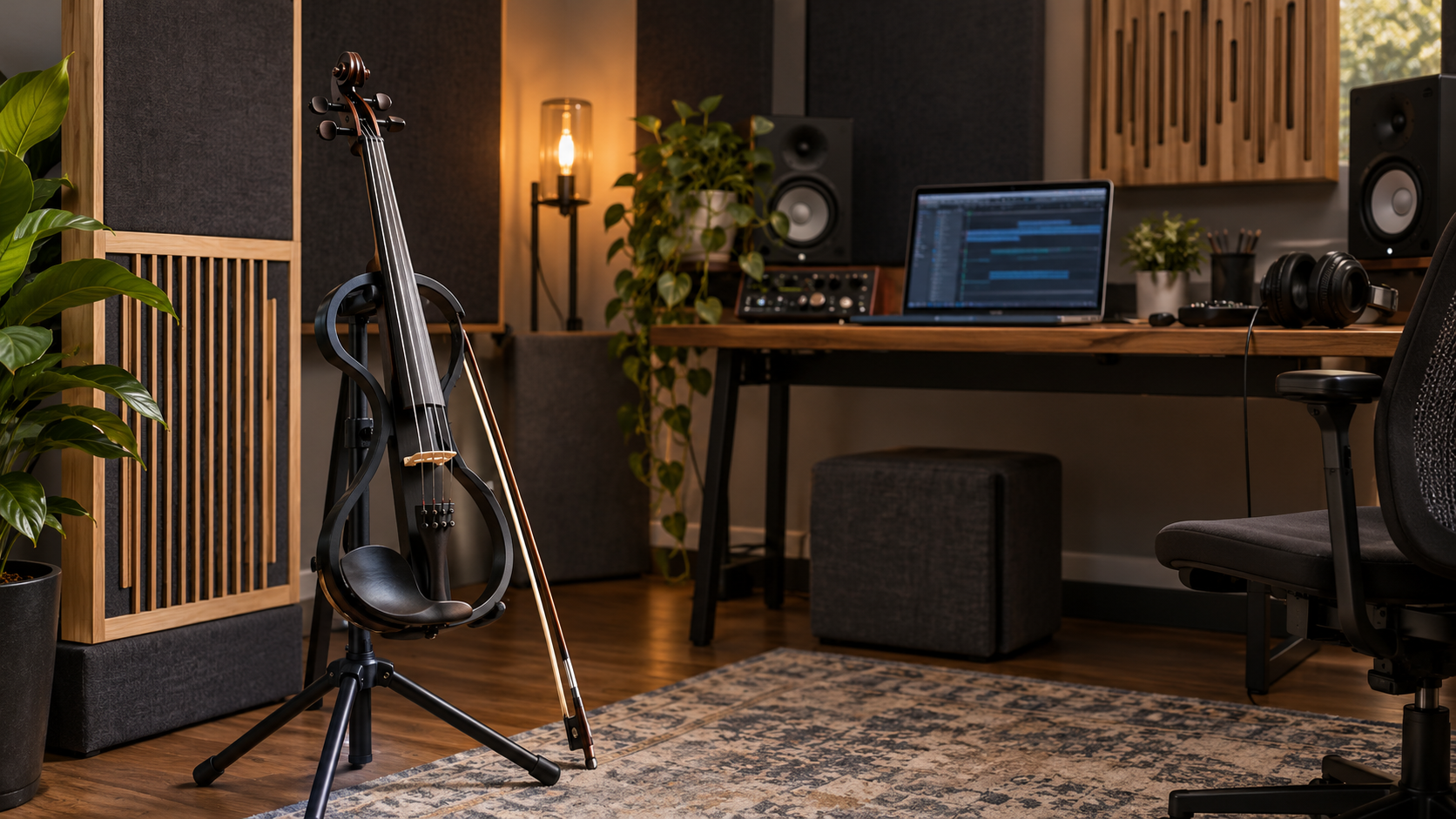 Electric violin travel case и преносима акустична обработка за backstage recording session
