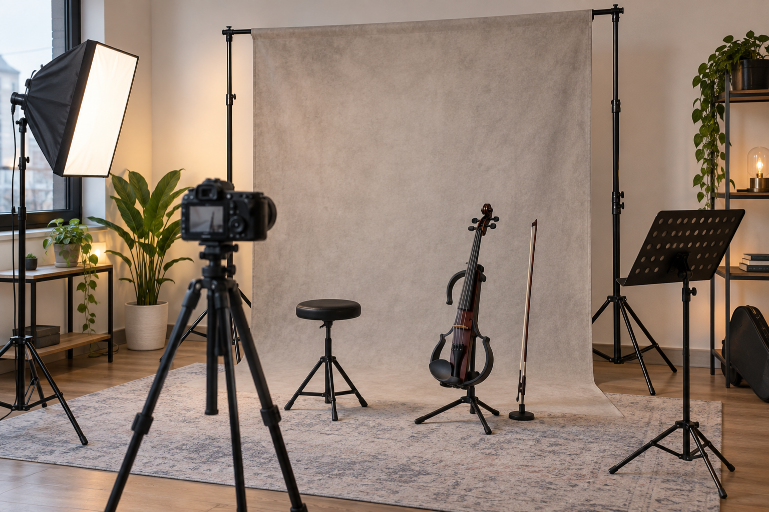 Неутрален платнен фон на сгъваема рамка в studio за electric violin видео