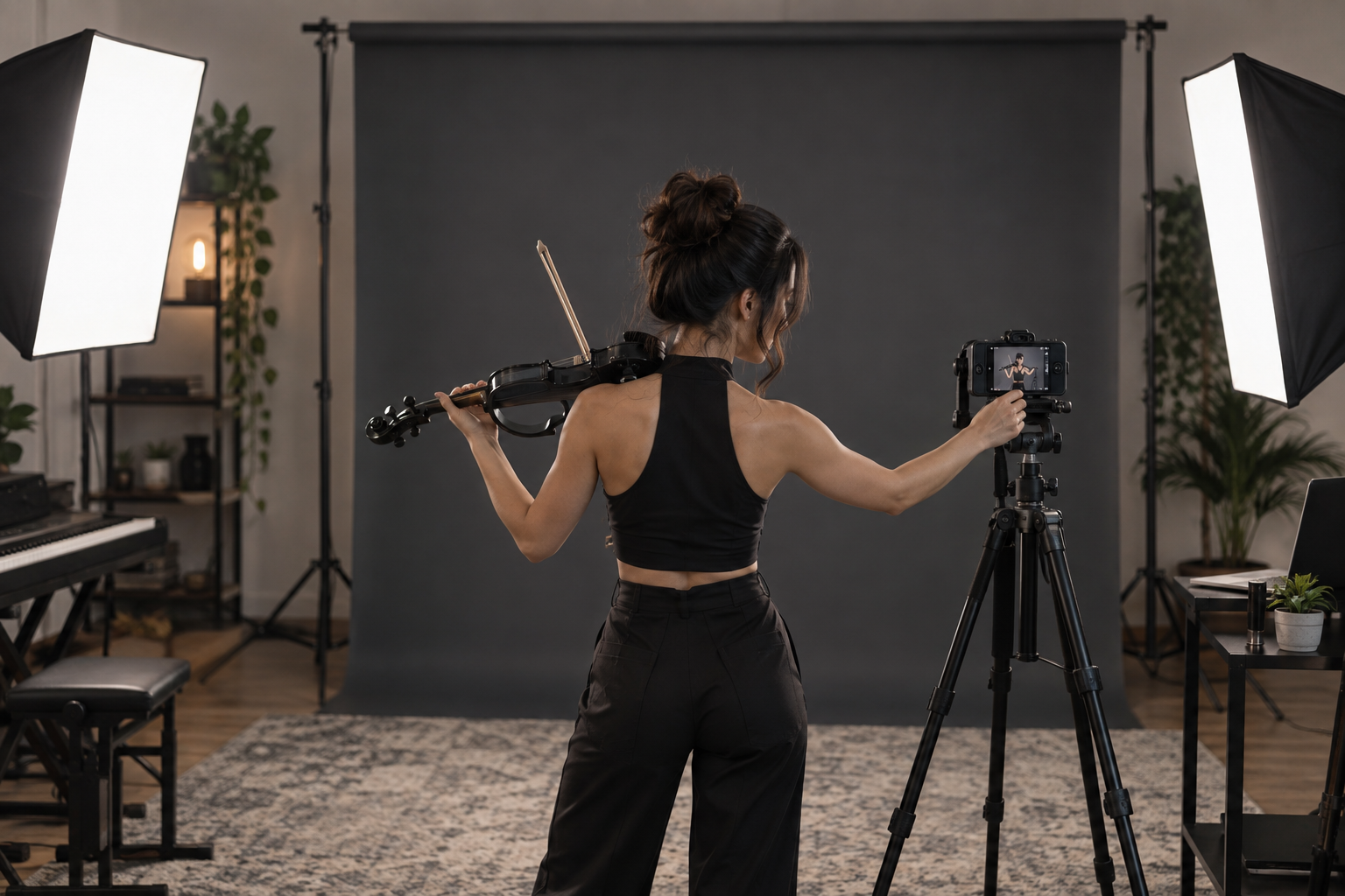 Electric violin артист настройва camera frame пред charcoal преносим платнен фон
