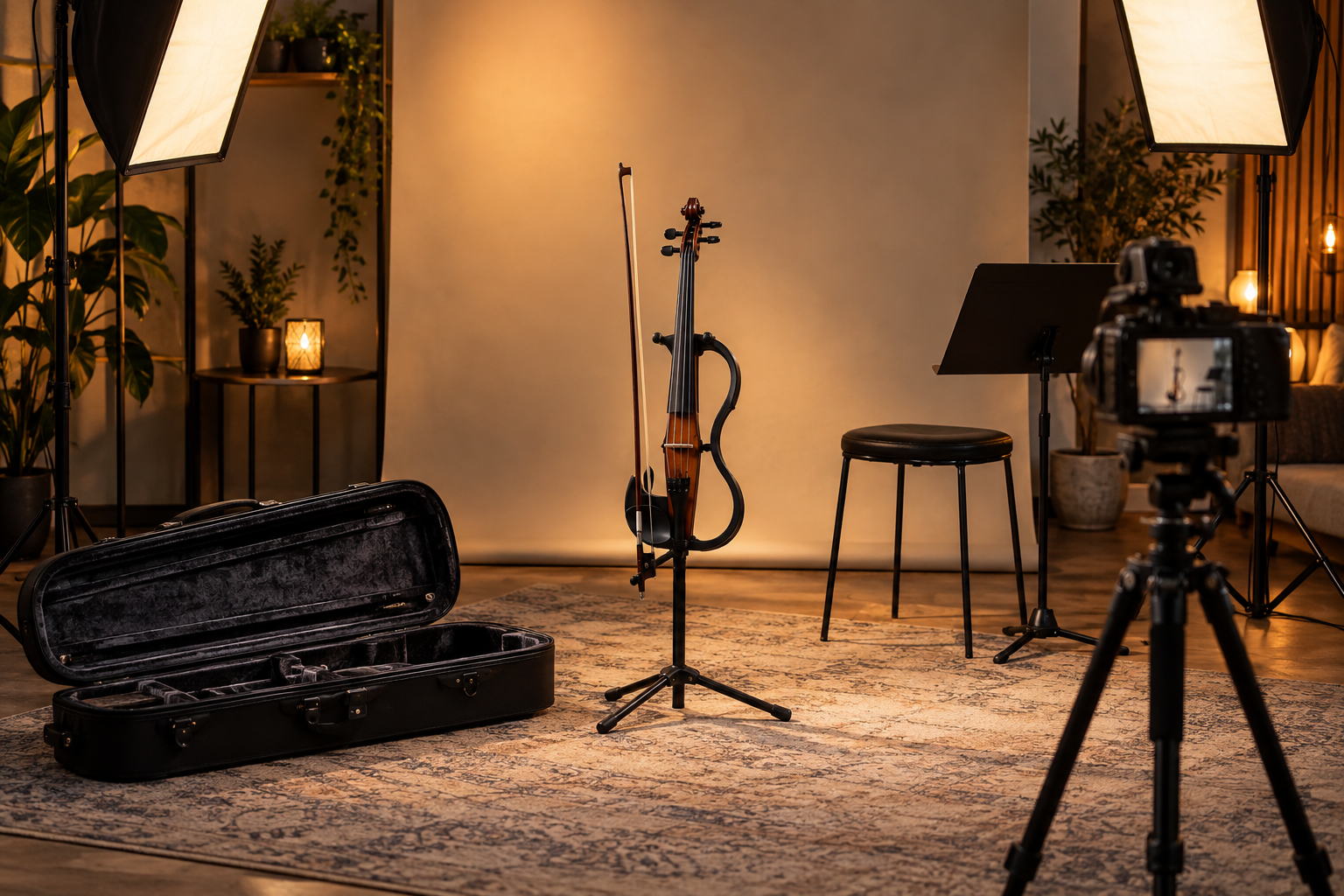 Готов electric violin content studio с преносим фон camera и меки performance lights