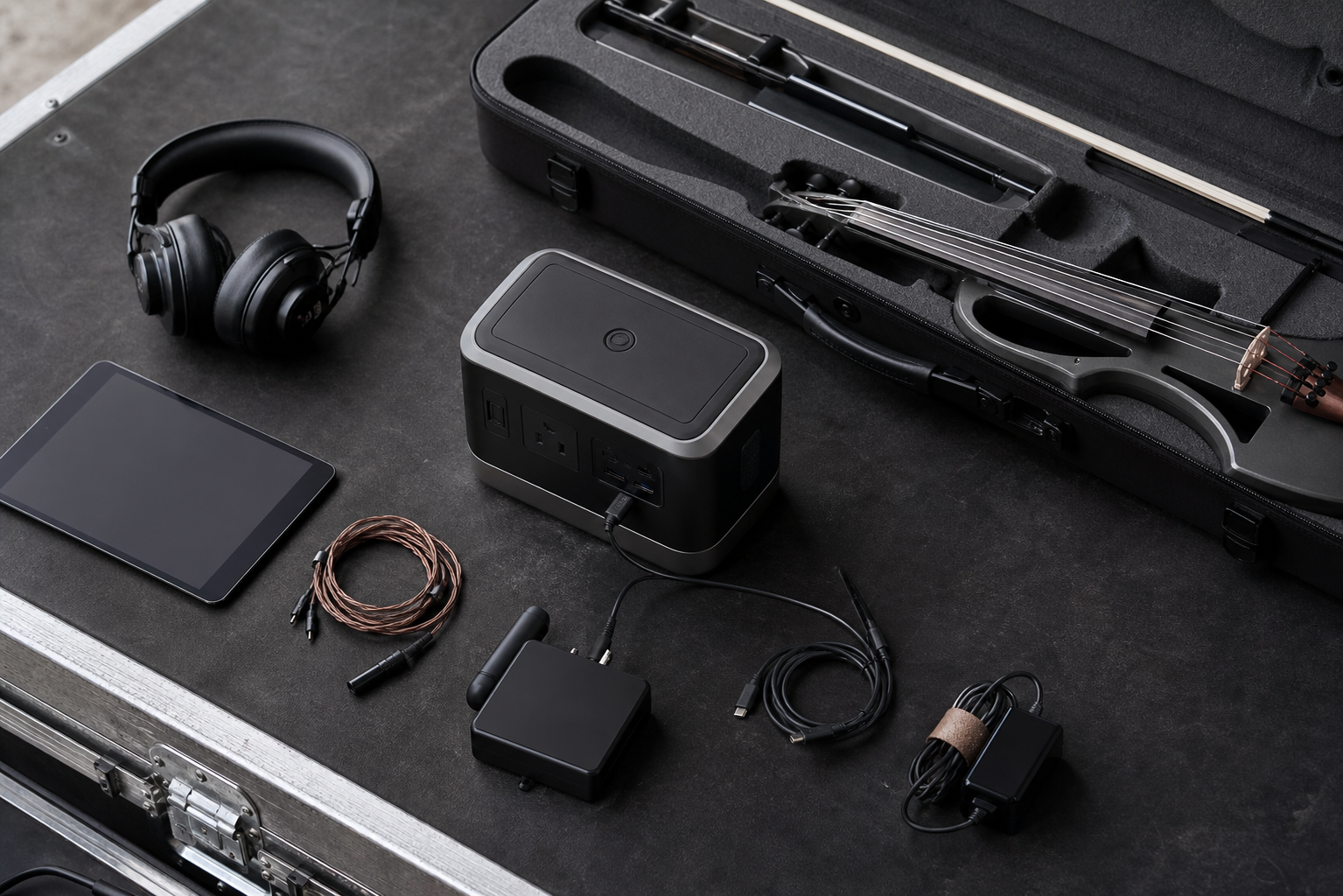 Подреден travel kit за electric violin участие с power station, таблет, слушалки и отворен калъф на инструмента