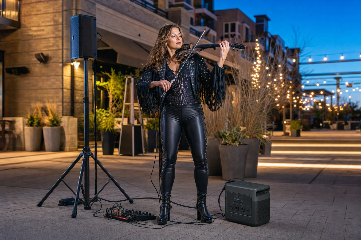 Electric violin изпълнителка на вечерно outdoor pop-up участие с малък педалборд, стойка за колона и преносима захранваща станция