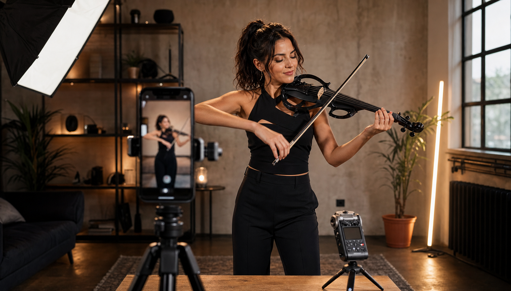 Electric violin content creator снима вертикално performance видео с портативен рекордер на малък tripod до камерата