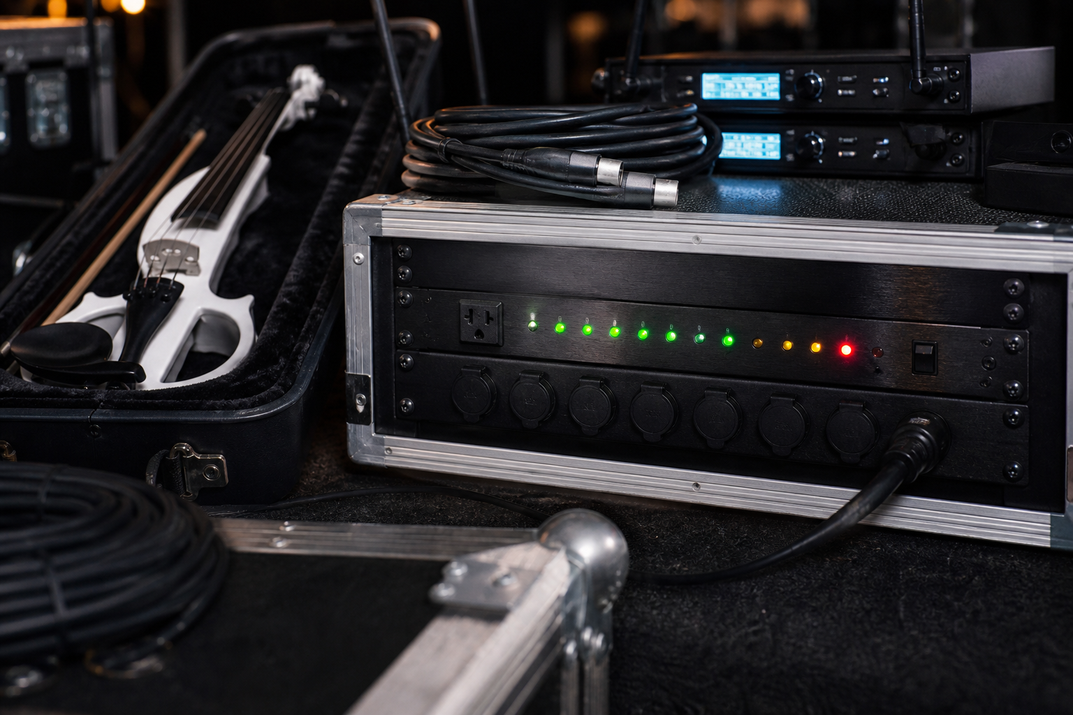 Close-up на rackmounted stage power conditioner до бял electric violin калъф wireless приемници и спретнато навити инструментални кабели