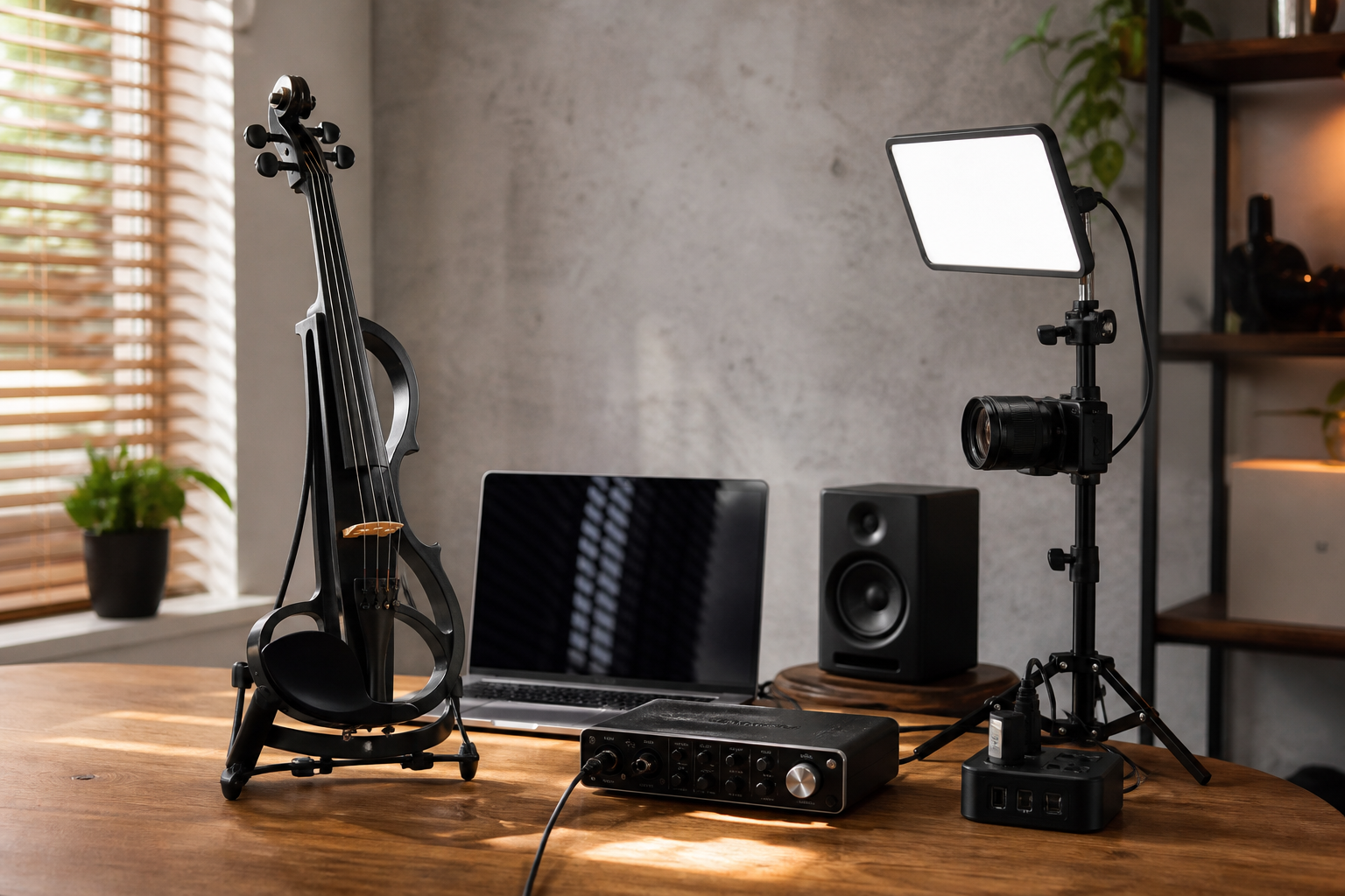Electric violin home studio бюро с лаптоп camera light audio interface и compact power protection устройство за content creation