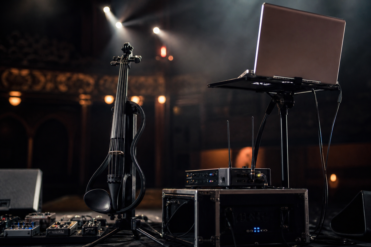 Черна electric violin цигулка на стойка до laptop stand wireless rack и compact stage power conditioner със status lights в театър